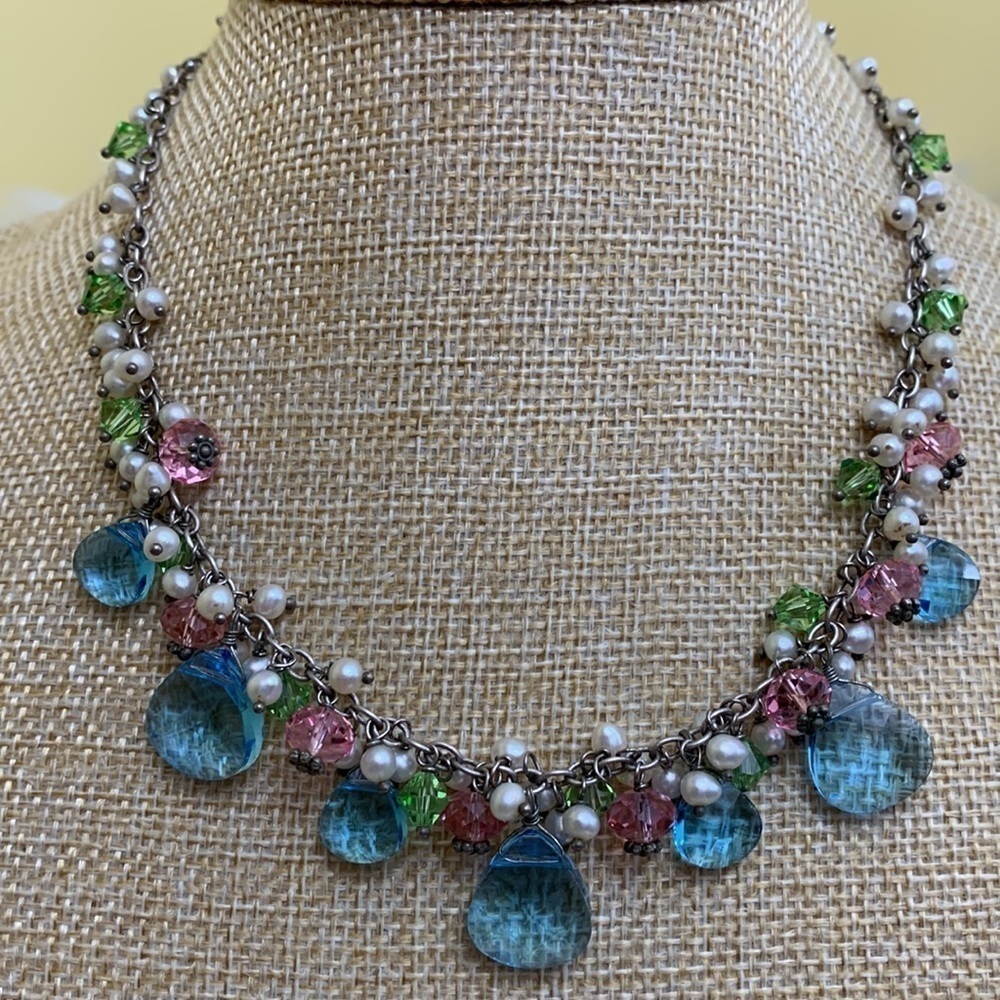 Silver Swarovski Faceted Crystal Faux Pearl Beaded 925 Statement Necklace - Picture 9 of 16
